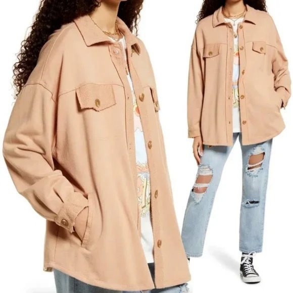 Nordstrom BP Oversize Cotton Blend SOFT Shirt Jacket Shacket M Tan Nougat Beige - Picture 3 of 16